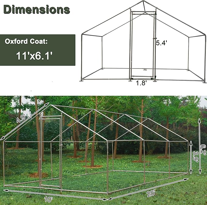 IchbinGo Large Metal Chicken Coop with Waterproof Cover, Walk-in Metal Poultry Cage Spire Shaped Chicken Coop Run, Chicken Run with Anti-UV Cover for Outdoor Backyard Farm (10' L x 20' W x 6.56' H)