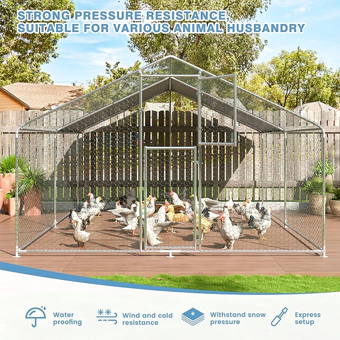 Polar Aurora Metal Chicken Coop, Large Outdoor Chicken Pen, Walk-in Chicken Run for 6-20 Chickens, Double Door Chicken House with Waterproof UV Protection Cover for Backyard (Spire-M)