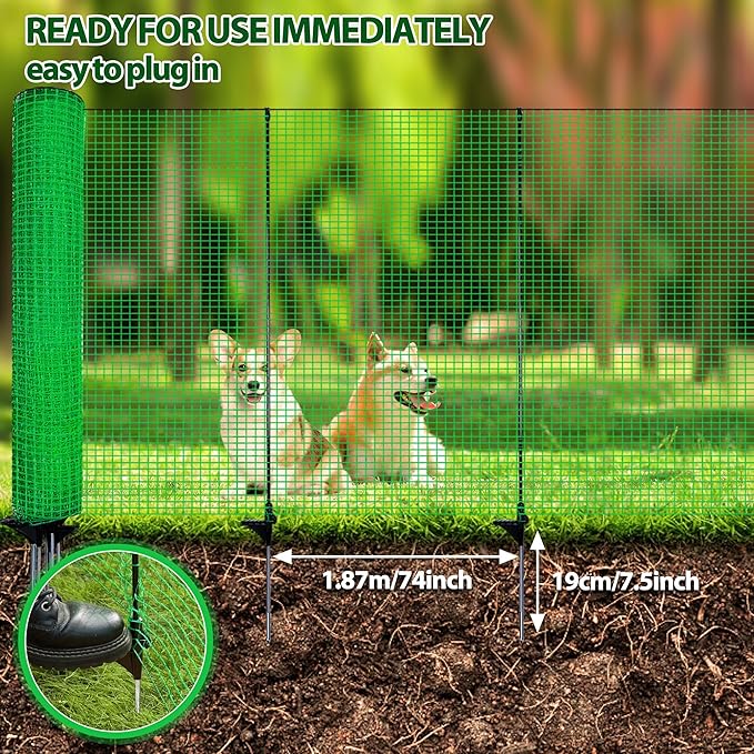 Temporary Fence with Posts, 3'x50' Plastic Fencing Garden Fence Animals Barrier with Fiberglass Stake Windbreak Rope, Portable Snow Fences, Fencing for Dogs Outdoors Backyard (Green)