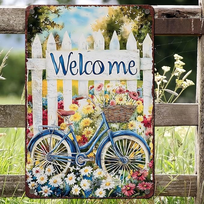 Spring Garden Vintage Tin Sign Bike Welcome Gardening Metal Sign for Home Garden Greenhouse Living Room Bedroom Outdoor Decor 8x12inch