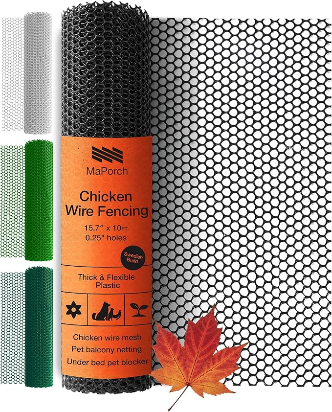 MaPorch Plastic Chicken Wire Mesh Fence - Black Mesh, 15.7 in x 10 ft - Quick-Install Chicken Wire Fencing - Plant Protectors from Animals - Weather Resistant Garden Netting - Pet & Poultry Netting