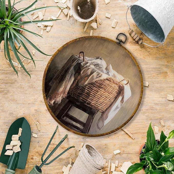 Hiuwevt Vintage Laundry Room Round Wall Art Decor, Farmhouse Laundry Basket Framed Canvas Prints, Rustic Farmhouse Round Wall Hanging Decor for Washroom Restroom Bathroom Decorations, 10x10 Inches