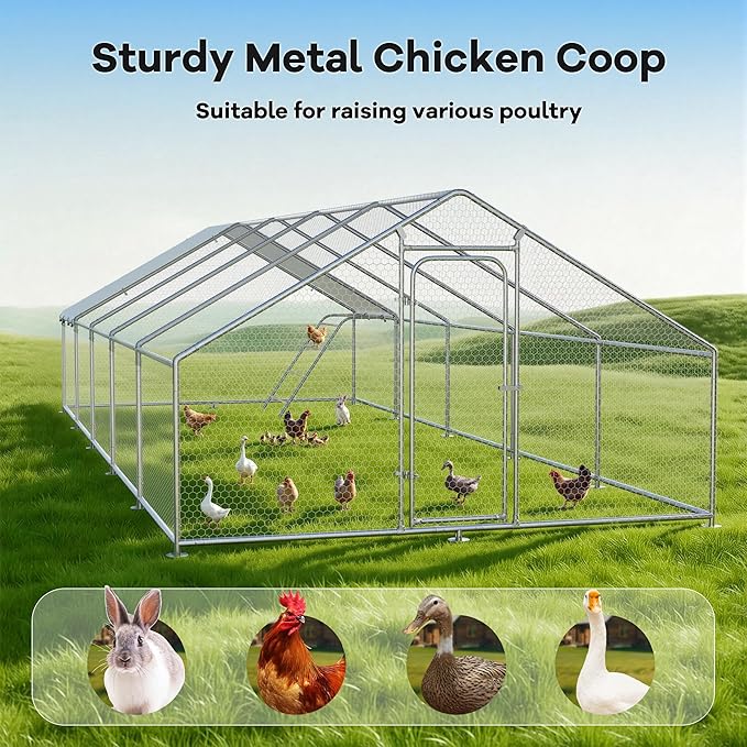 Large Metal Chicken Coop with Roosting Perch, Waterproof and UV Protection Cover, Chicken Run Outdoor Walk-in Cage Chicken Rabbit Duck Hen House, Spire Roof (10'W x 32.8'L x 6.4'H)