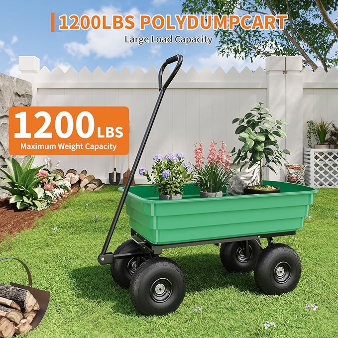 Heavy Duty Garden Dump Cart 1200 lbs, 6 Cu.Ft. Yard Wagon with 13" All-Terrain Wheels, Quick-Release Tipping, Pivoting Handle for Gardening, Lawns, Farms – Green Bucket + Black Iron Handle |