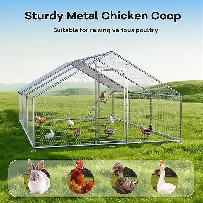 Large Metal Chicken Coop Run with Roosting Perch, Outdoor Waterproof & UV-Resistant Cover for Chickens, Ducks, Rabbits, and Hens in Yard or Farm Use Spire Roof (13.1'Wx19.7'Lx 6.5'H)