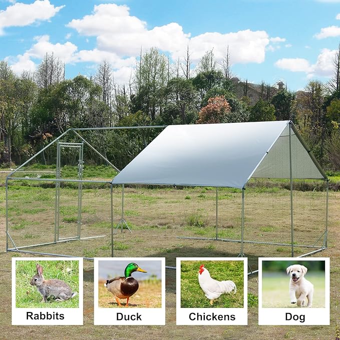 Large Metal Chicken Coop Walk-in Poultry Cage Hen Run House Spire Shaped Cage with Waterproof and Anti-Ultraviolet Cover for Outdoor Backyard Farm Use (13.2’ L × 9.84’ W)