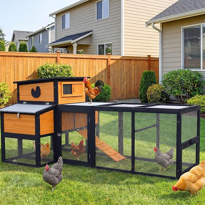 83" Large Wooden Chicken Coop with Run, Outdoor Chicken House for 4-6 Chickens, Ventilation Window & Sliding Doors, Waterproof Felt Roof, Easy-Clean Full Rear Door, Predator-Proof Latches