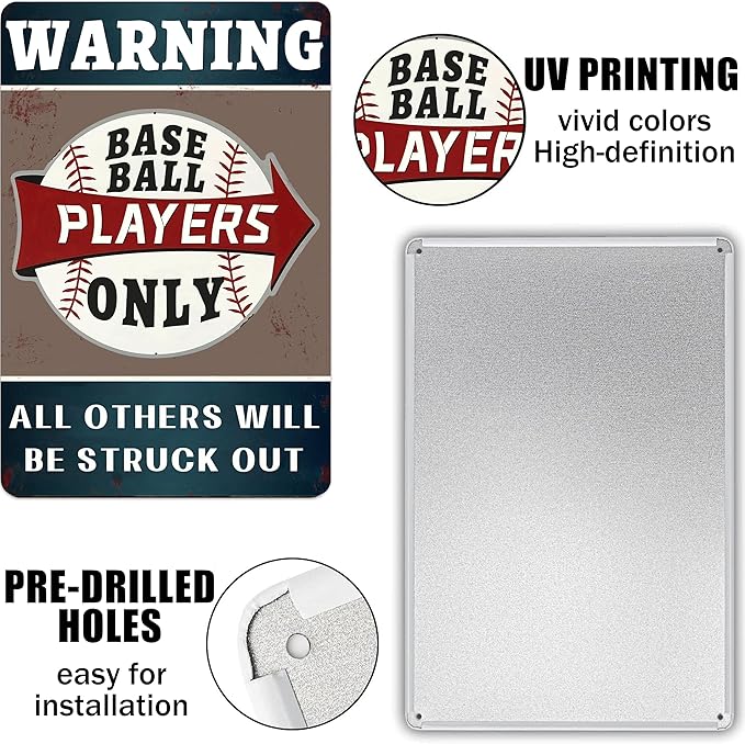 Yunruily (Warning Baseball Players Only) Funny Signs Boy Baseball Wall Decor-Baseball Posters Decor for Boys Room,Gifts for Boys Who Love Baseball 8x12 Inches