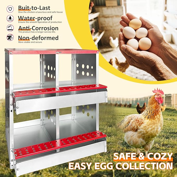 Chicken Nesting Boxes,4 Compartments Metal Chicken Laying Box with Roll Out Egg Collection with Large Vented Holes for Chickens, Hens, Ducks, Large Egg Laying Boxes (4 Compartments)