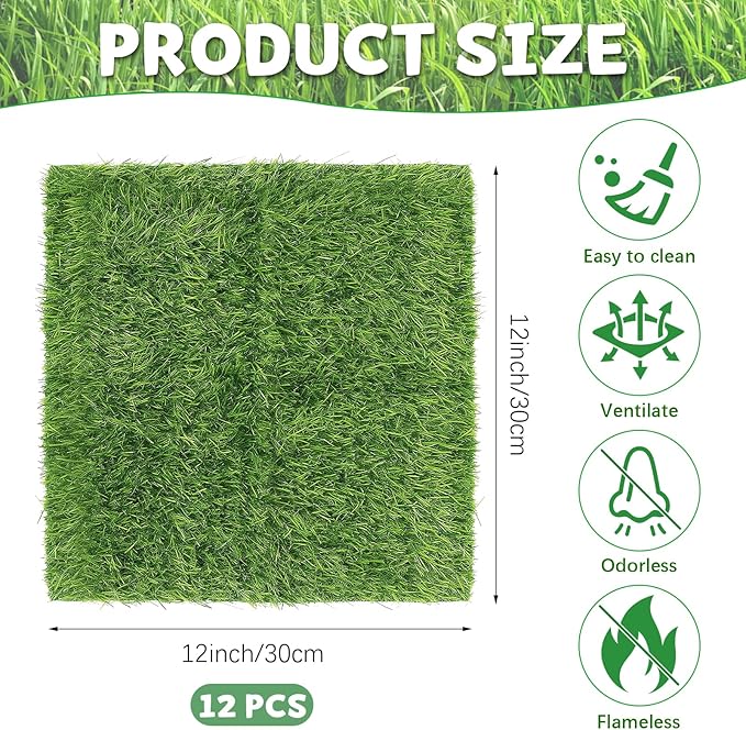 12 Pack Chicken Nesting Box Pads - 12"x12"x1" Washable Artificial Grass Liners for Chicken Coop, Laying Hens, Pet Garden (Indoor/Outdoor Use) (12)
