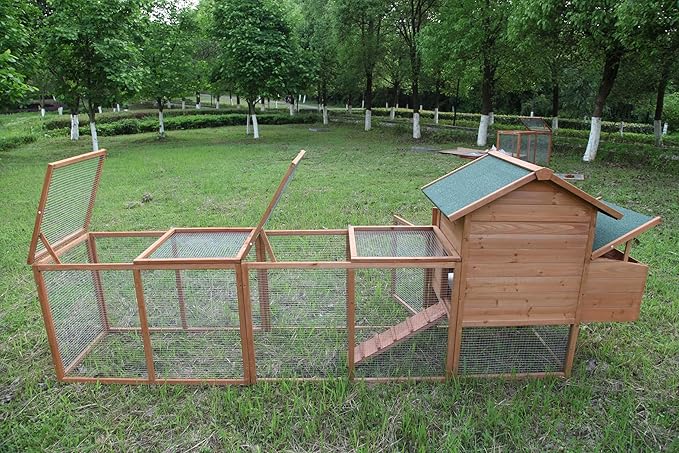 Outdoor Chicken Coop Wooden Hen House Poultry Pet Hutch Run Cage w/Waterproof Asphalt Roof, Ramp, Nesting Box, Wire Fence (120")