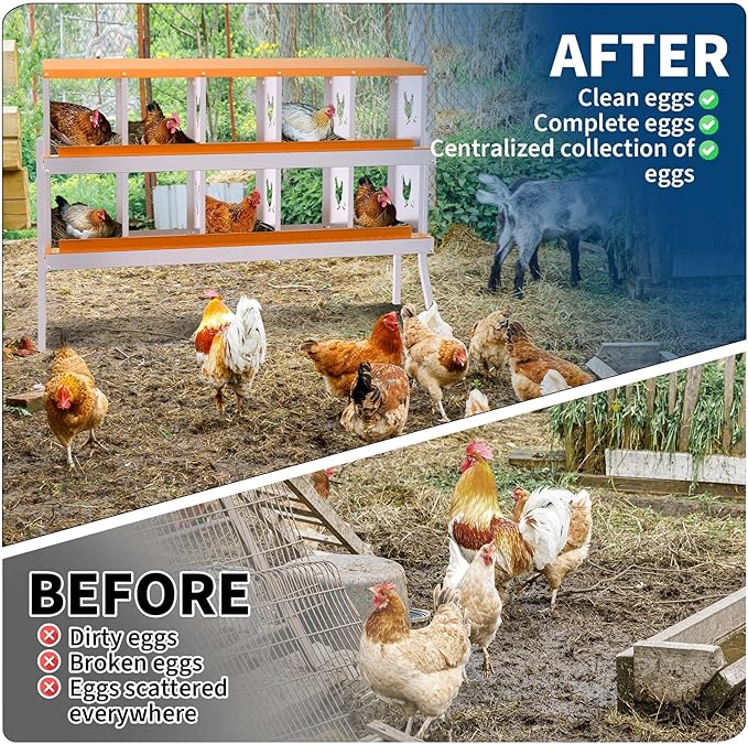 Chicken Nesting Boxes,10 Compartments Galvanized Steel Metal Laying Boxes with Leg,Pull-Out Egg Box Easy Egg Collection & Clean,Wall Mount Suitable for Farm Chicken House,Orange
