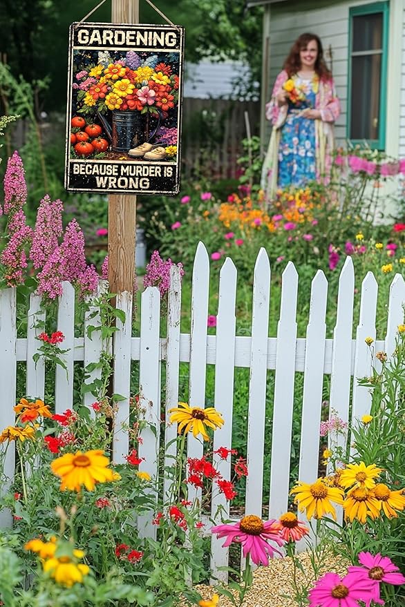 Vintage Garden Metal Sign Gardening Because Murder Is Wrong Metal Poster Home Garden Coffee Office Bar Pub Retro Aluminium Sign Art Wall Decor Plaque 16x12 Inch