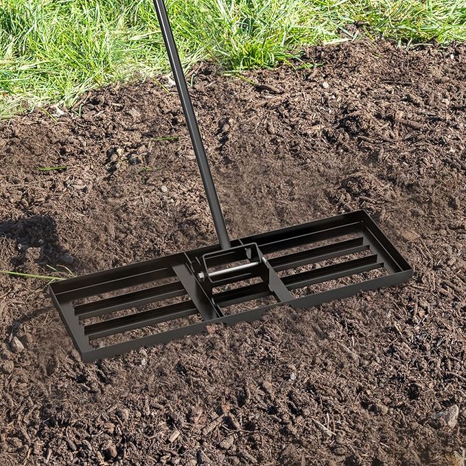 Happygrill Lawn Leveling Rake, Heavy Duty Lawn Level Tool for Soil w/67” Handle, Dirt Ground Leveler, Effort-Saving Landscape Rake for Garden, Backyard, Golf Course, Farm, Pasture (30" x 10", Black)