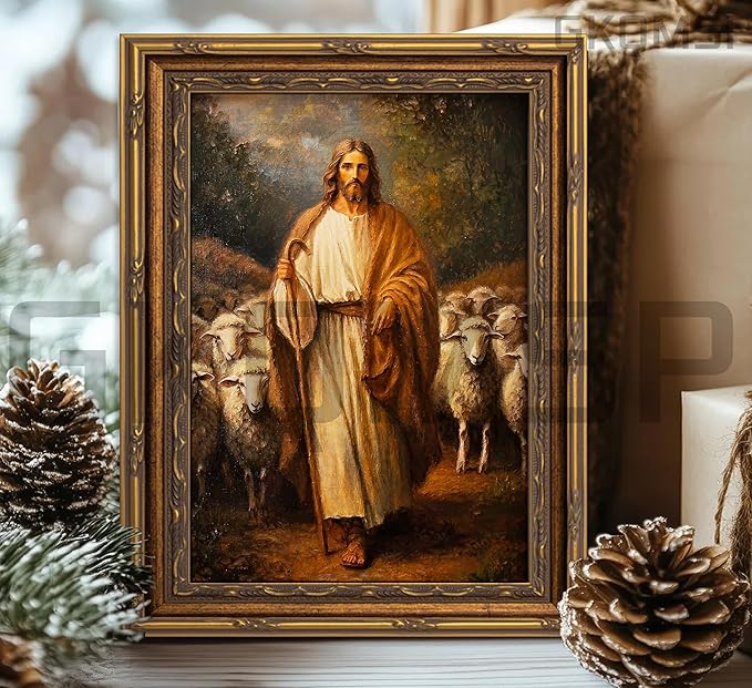 Vintage Gold Framed Wall Art Jesus and Lamb canvas wall decor Christian Jesus Sheep Oil Painting Prints Religious Shepherd Picture Poster Artwork for Home Living Room Bedroom Prayer Room 12x16in