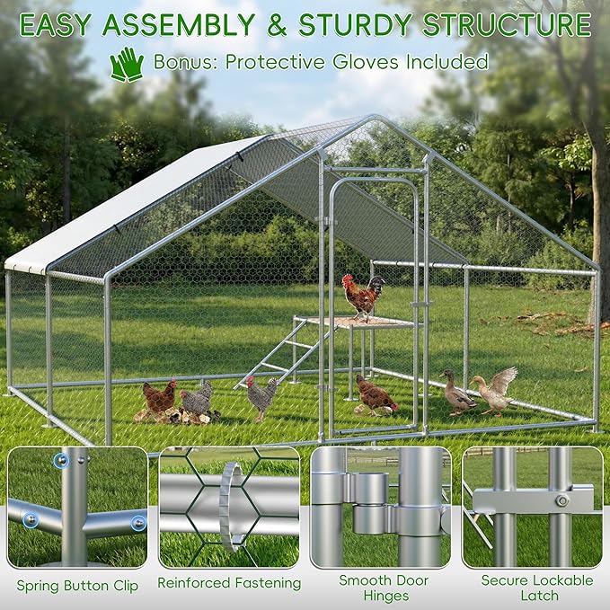 Large Metal Chicken Coop with Roosting Ladder, Waterproof and UV-Resistant Cover, Outdoor Walk-in Cage Hen House for Farm Yard Rabbit Duck Chicken Run, Spire Roof (13.1'W x 9.8'L x 6.4'H)