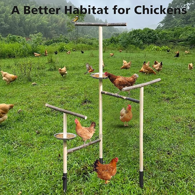 Extra Large Chicken Perch Toy for Coop,Durable Wooden Chicken Perch Stand with 3 Metal Ground Plug,Outdoor Bird Playground Toy,Chicken Coop Accessories for Poultry Rooster Cockatiels Lovebirds
