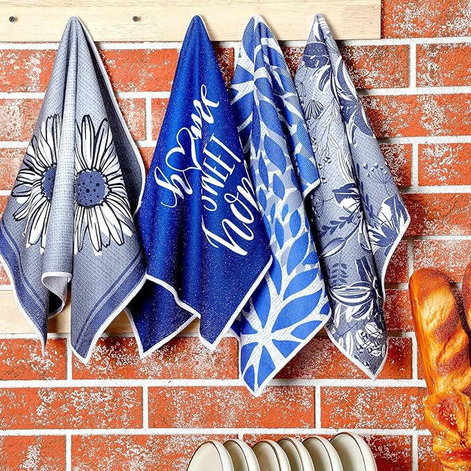 Geyoga 4 Pcs Chicken Kitchen Towels Rooster Dish Hand Towels Farm Animal Cow Vintage Rustic Tea Cloth for Spring Easter Bathroom Farmhouse Decor Gifts, 16 x 24 Inch(Blue, Gray,Floral)