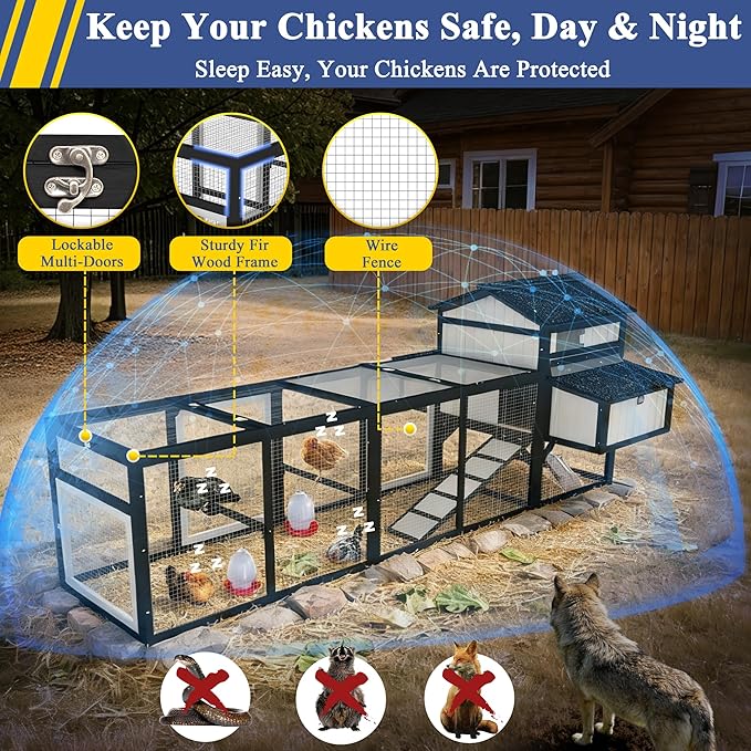 116" Large Chicken Coop with Run, Wooden Hen House Outdoor Poultry Cage 28.41 ft² for 4–6 Chickens, 4 Nesting Boxes, 4 Perches, Easy-Clean Slide Out Tray, Expandable Backyard Coop