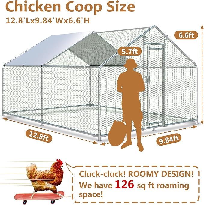 Large Metal Chicken Coop 12.8x9.84x6.6ft Chicken Runs for Yard with Cover, Walk in Chicken Coops for 10 Chickens, Heavy Duty Chicken Run Lockable Chicken Pen Outdoor Poultry Cage