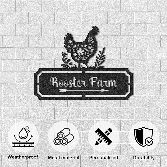 Personalized Chicken Coop Signs, Outdoor Chicken Coop Decor, Vintage Farmhouse Wall Decor, Custom Metal Name Sign for Farm Yard Garden Home, Gifts for Chicken Lovers Color05