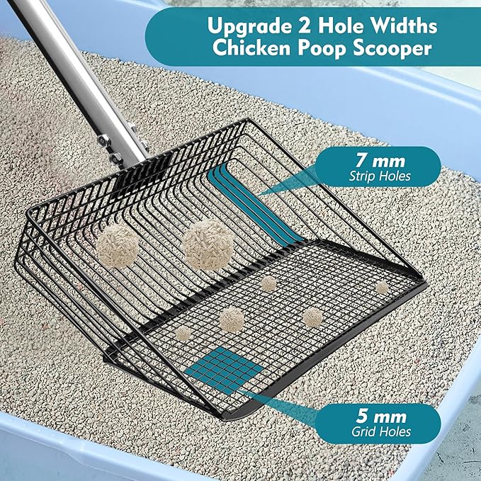 Chicken Poop Scooper 10 Inch, Anglecai Large Chicken Coop Litter Scoop 22'' to 62" Long Litter Sifting Shovel 4 in 1 Multifunctional Poop Shovel for Poultry Coop Cleaning Tool