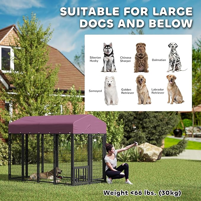 PawHut Outdoor Dog Kennel with Roof, 8' x 4' x 6' Heavy Duty Welded Wire Dog Playpen Enclosure with Escape-Proof Lock, Adjustable Bowls, UV-Resistant & Waterproof Cover, for S&M&L Breeds, Silver