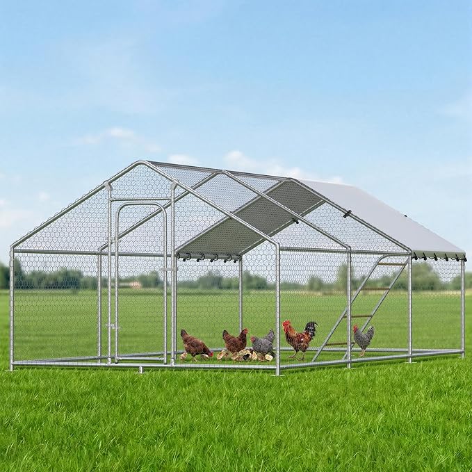 Large Metal Chicken Coop with Waterproof and UV-Resistant Cover,Chicken Run Outdoor Walk-in Cage Rabbit Duck Hen House for Yard Farm Use Spire Roof(10' L x 14.8' W x 6.4' H)