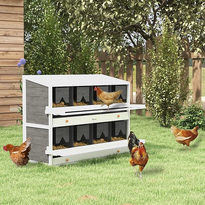 PawHut Chicken Nesting Box, Wooden Roll Out Lay Nesting Boxes for 16-32 Chickens, with 8 Compartments, 2 Egg Collection Trays, 4 Perches, for Chicken Coop, Chicken Run, Gray