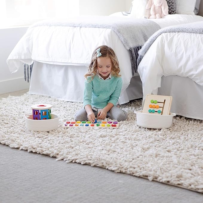 NaturalCozy 5-Piece Round Small Woven Baskets Set– Cotton Rope Baskets for Organizing! Montessori Toys, Fruits Remotes Key Tray Bowl for Entryway Desk, Shallow Catchall Home Décor, Cat Dog Bin Gift