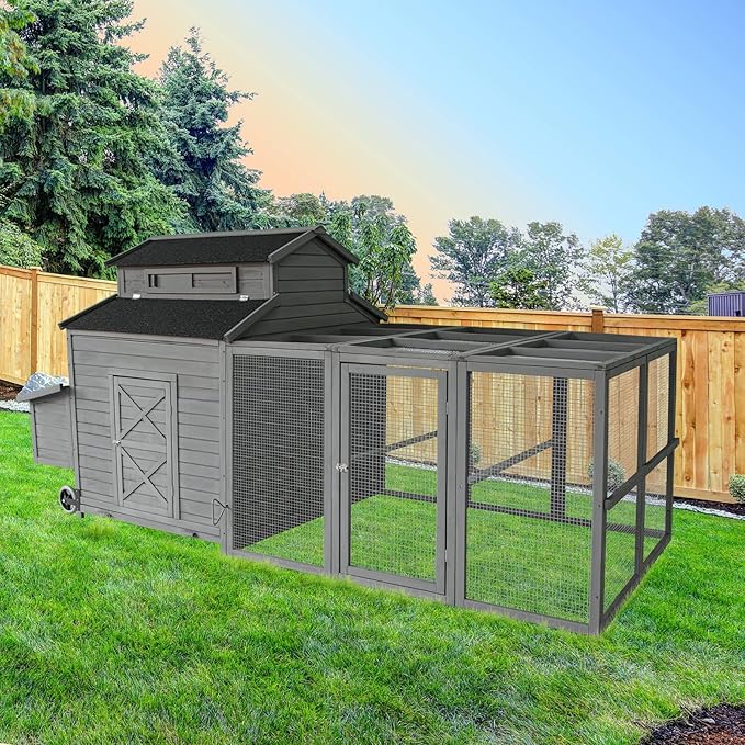 Chicken Coop for 6-10 Chickens, 112" Extal Large Chicken Coops, with Chicken Run & Nesting Box & Secure Enclosure, Outdoor Wooden Hen House Hutch for Rabbit, Poultry Pet, Duck -Grey