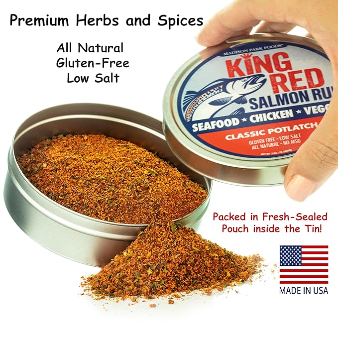 King Red Salmon Rub – Classic Potlatch Seasoning Dry Spice Blend - Grilled Salmon, Seafood and Veggies – All Natural, Gluten-Free, Keto, Low Salt and No MSG – 3oz Fresh-Sealed Pouch in Reusable Tin