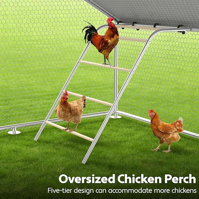 Large Metal Chicken Coop with Waterproof and UV-Resistant Cover,Chicken Run Outdoor Walk-in Cage Rabbit Duck Hen House for Yard Farm Use Spire Roof(10’ W x 10’ L x 6.5’ H)