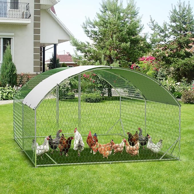 Large Metal Chicken Coop, Metal Chicken Run with Waterproof and Anti-Ultraviolet Cover for Outside, 9.8 x 13.1 x 6.5 Ft Walk-in Poultry Cage, Outdoor Chicken Pen for Backyard and Farm