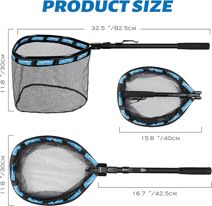 PLUSINNO Fishing Net Fish Floating Landing Net, Kayak Nets with Fixed Foldable Telescopic Pole Handle, Bass Trout Fishing Nets with Nylon Mesh for Pond Lake River, Fishing Gear Gifts for Men Anglers