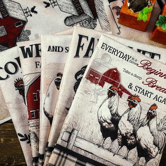 Bencailor 6 Pcs Farmhouse Kitchen Towels Chicken Rooster Kitchen Decor Farm Animal Hand Towels for Cooking Baking Housewarming Gift,15.75 x 23.62 inch(Retro Gray,Barn Farm)