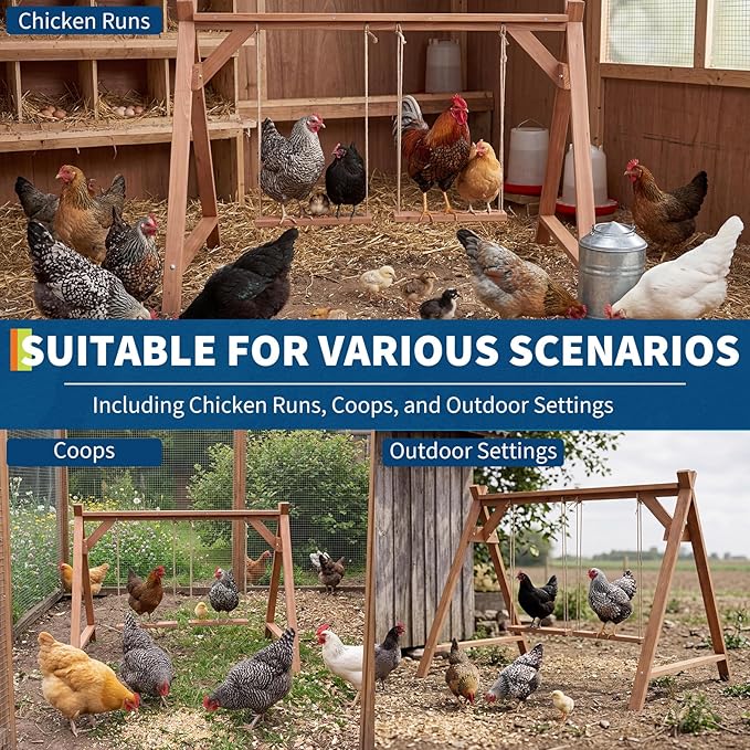 Chicken Perch with Swing, Chicken Roosting Bars for Coop Accessories, Wooden Chicken Run Toys Accessories for Chickens' Health and Happiness, Easy to Assemble & Clean