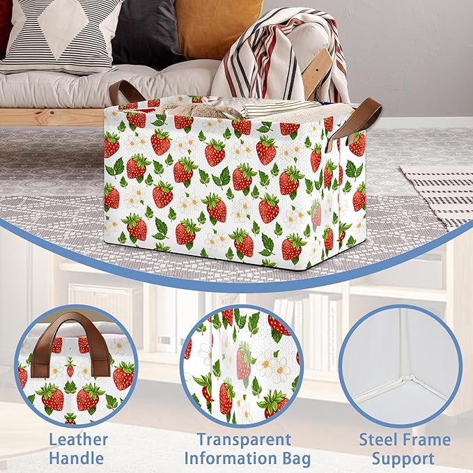 Strawberry Storage Basket with Handles,White Flowers Collapsible Rectangle Organizer Bin for Room Decoration Books Box Baskets 17x11.5x10Inch