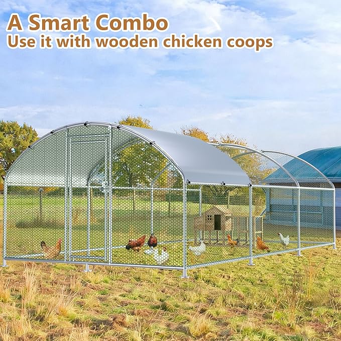 Large Metal Chicken Coop Run, 19.2x9.8x6.2 ft Chicken Runs for Yard with Cover, Walk-in Chicken Pen for 18-24 Hens, Anti-Rust Poultry Cage with Stable Wind-Resistant Dome Roof Design