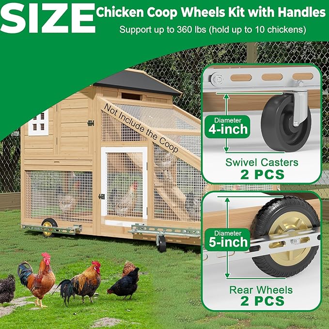 Forestchill Chicken Coop Wheels Kit with Handles, 4 Pack Heavy Duty Casters with Handles, Universal Chicken Tractor Wheel Kit for Easy Lift & Move, Portable Chicken Coop Accessories