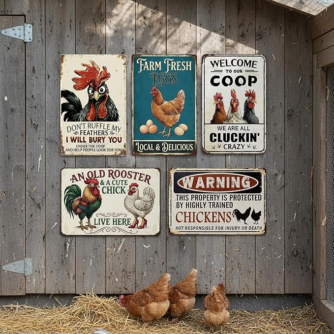 5Pack Vintage Metal Signs Chicken Coop Signs, Chicken Coop Accessories for Farm Yard Decor, Tin Sign Chicken Gifts for Home Kitchen Lovers Chicken House Decor - 8×12 inches