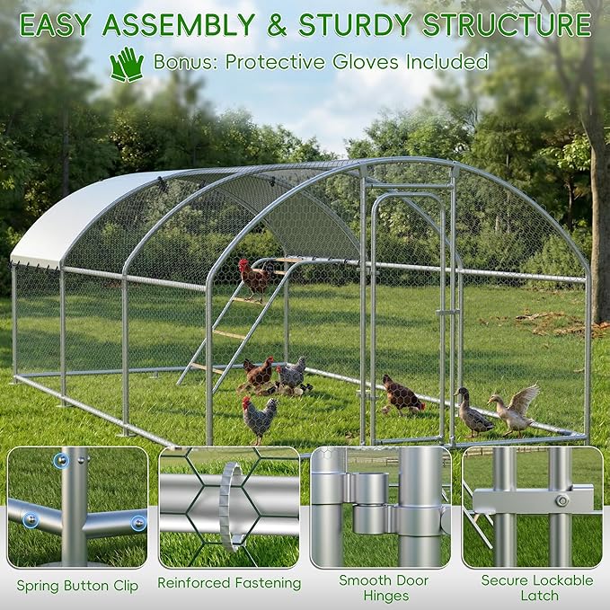 Large Metal Chicken Coop with Roosting Perch, Walk-in Poultry Cage Chicken Run House Chicken Pen Dome Shaped Coop with Waterproof Cover for Outdoor Backyard Farm Use (10' L x 19.7' W x 6.4' H)