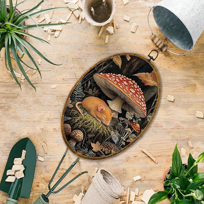 Hiuwevt Forest Mushroom Rat Oval Wall Art Decor, Mystical Woods Fern Plant Framed Canvas Prints, Cottagecore Mushroom Botanical Oval Wall Hanging Decor for Home Decorations, 8.6x11.4 Inches