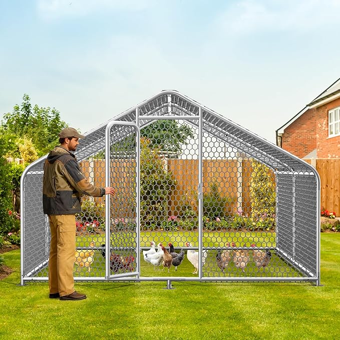 Large Metal Chicken Coop,13.1'L x 9.8'W x 6.6'H Chicken Run,Walk in Chicken Pen with Cover for Yard,Large Poultry Cage for Duck Rabbit