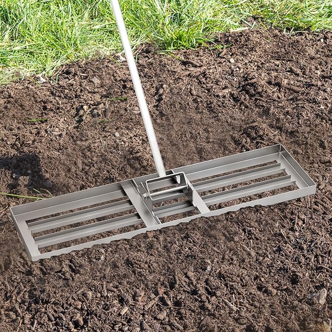 Happygrill Lawn Leveling Rake, Heavy Duty Lawn Level Tool for Soil w/67” Handle, Dirt Ground Leveler, Effort-Saving Landscape Rake for Garden, Backyard, Golf Course, Farm, Pasture (36" x 10", Silver)