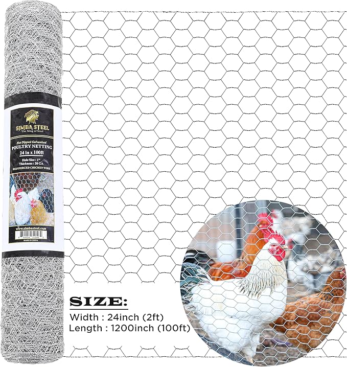 Chicken Wire 24 in x 100 FT x 1” Mesh x 20GA | Poultry Wire Netting | Hot Dipped Galvanised | Hexagonal Galvanized Mesh for Chicken Coop, Rabbit Fence (PM 24 x 100)