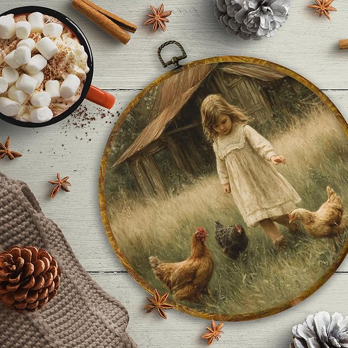 CUANFDDSF Vintage Rustic Farmhouse Round Wall Art, Cottagecore Farm Little Girl Chicken Framed Hanging Wall Decor, Country Canvas Prints Decorations for Home Bedroom Living Room, 10x10 Inch