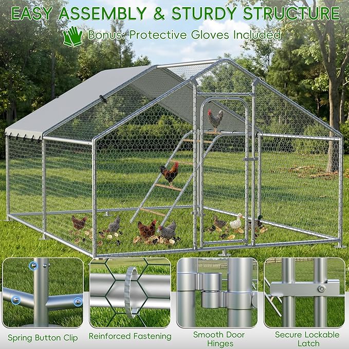 Large Metal Chicken Coop with Waterproof and UV-Resistant Cover,Chicken Run Outdoor Walk-in Cage Rabbit Duck Hen House for Yard Farm Use Spire Roof(10’ W x 9.9’ L x 6.4’ H)