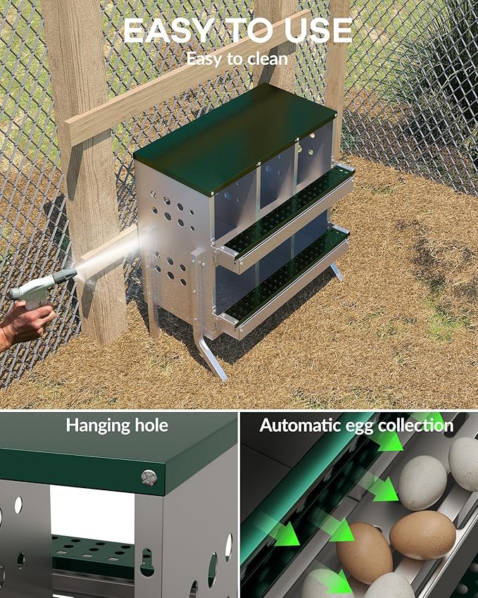 Chicken Nesting Boxes 6 Compartments, Metal Chicken Nesting Boxes, Waterproof & Rustproof Laying Boxes for Hens, Ventilation & Perch, Roll Away Egg Laying Box for Hens,Wall-Mountable & Freestanding