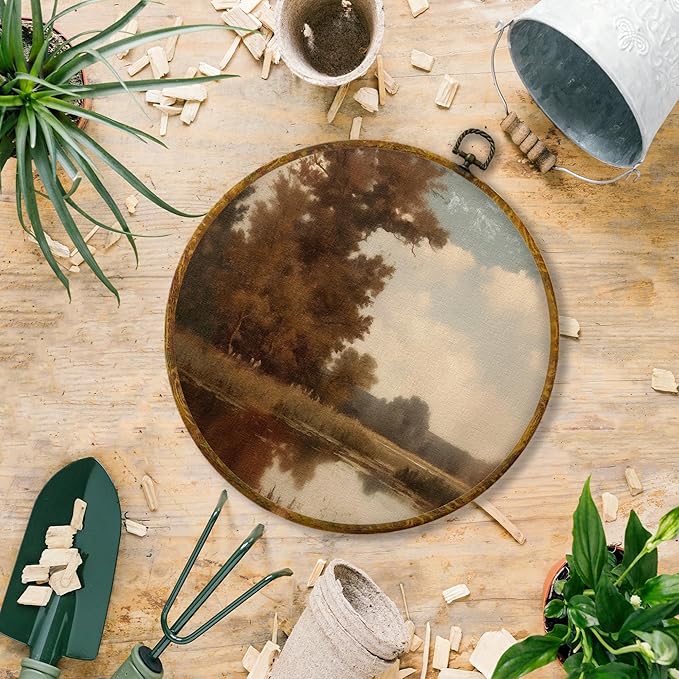 Hiuwevt Vintage Farmhouse Landscape River Round Wall Art Decor, Country Moody Marshland Framed Canvas Prints, Rustic Round Wall Hanging Decor for Home Bedroom Living Room Decorations, 10x10 Inches